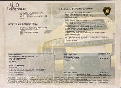 2003 Lamborghini Murcielago 6.2L 2dr Coupe